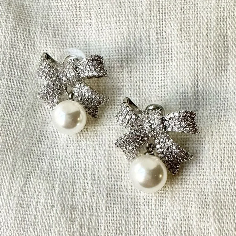 Cubic zirconia pearl drop bow earrings
